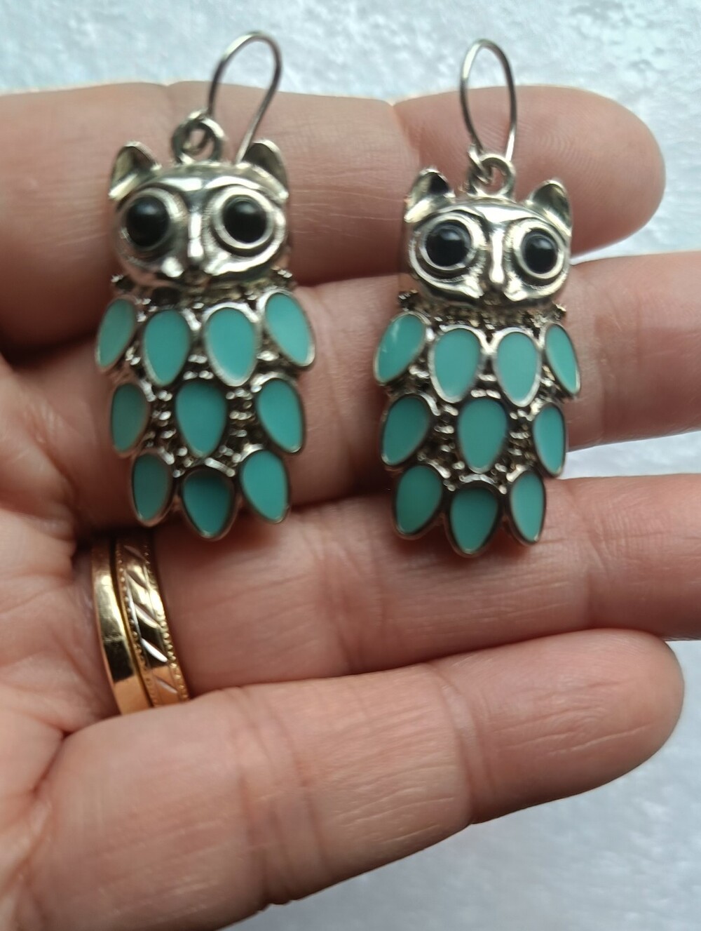 🟣Vintage Teal and Silver Owl Drop Earrings